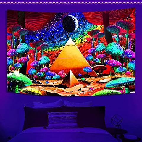 TPMDFC Mushroom Black Tapestry UV Reactive Abstract Pyramid Colorful Trippy Tapestries 60x40in Wall Hanging Flannel Decor For Mens Bedroom Living Room Polyester YGTRLTP11 Cover