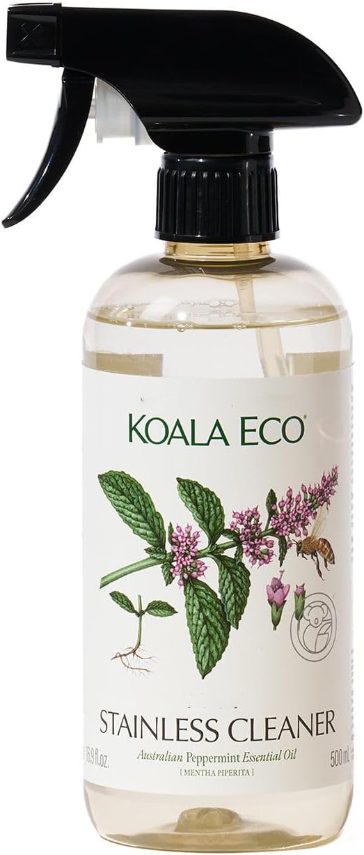 Koala Eco Stainless Steel & Chrome Cleaner, Peppermint Essential Oil, 16oz | Botanical formula for appliances, sinks & fixtures — no synthetic fragrance, vegan friendly.