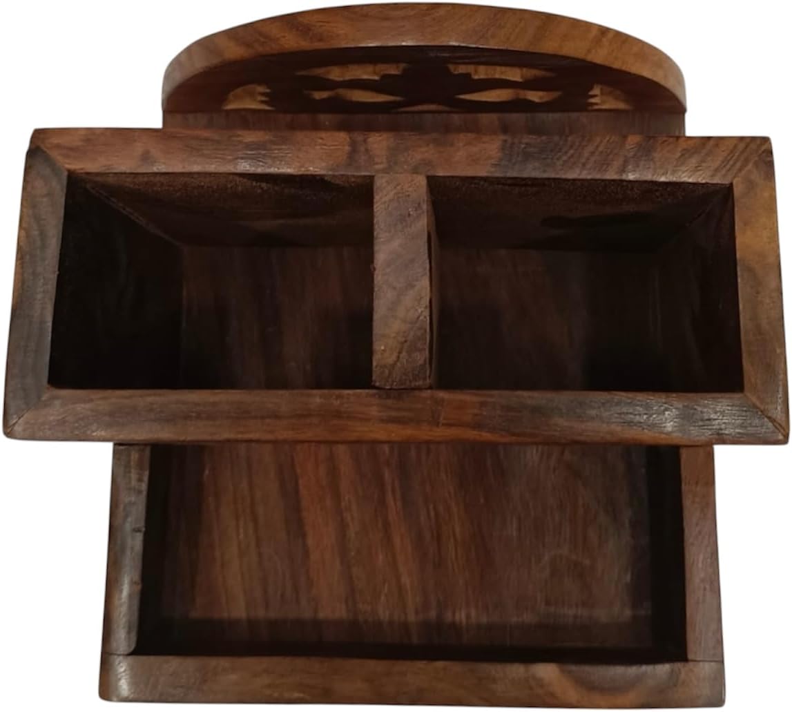 Handcrafted Wooden Cutlery Holder with Carved Design 2 Slot Utensil Organizer for Dining Table & Kitchen Multipurpose Rustic Spoon Stand
