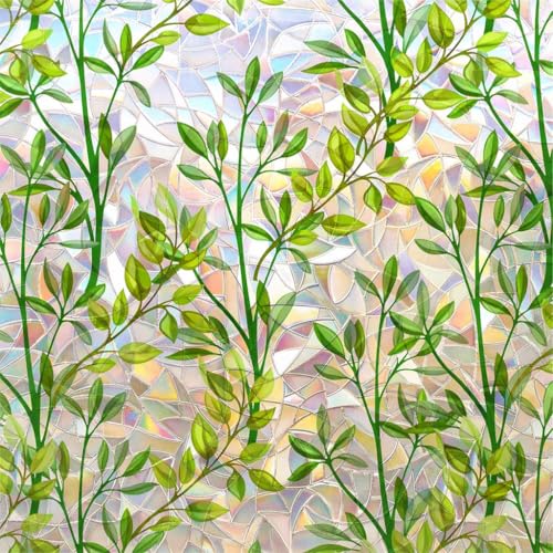 SUNBIRD Window Privacy Film Electrostatic Rainbow Frosted Glass Non-Adhesive 100% Static Cling,Anti-UV Heat Blocking Reusable Decorative Film for Room,Bathroom (Green Leaves, 12 x 48 Inch)