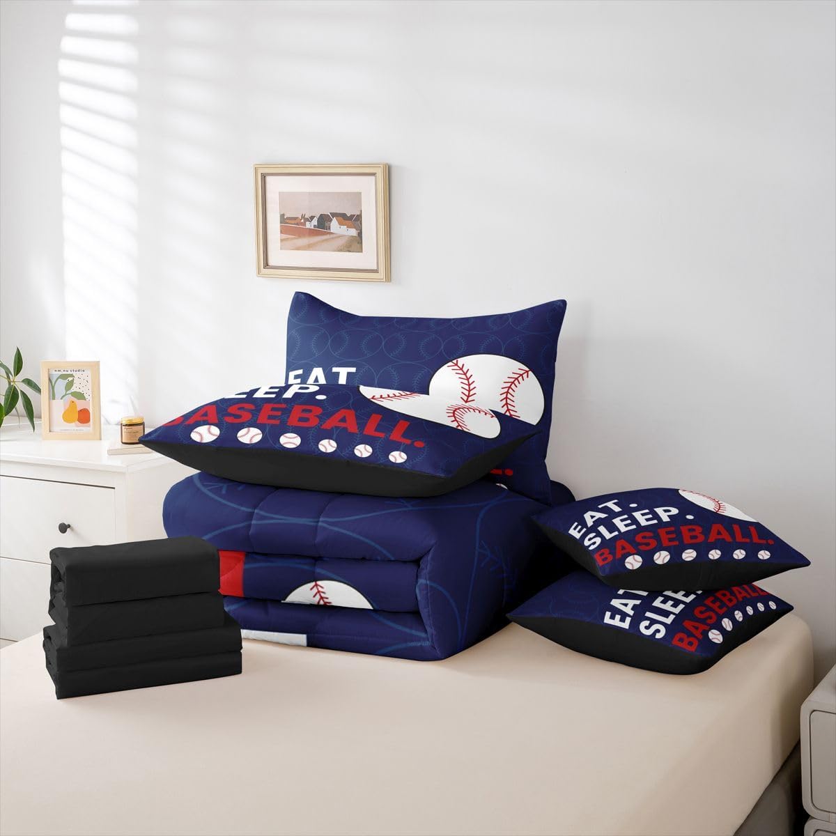 Erosebridal Kids Baseball Games Navy Blue Comforter Set Queen Size 7 Pieces | Softball Sports Gaming Bed in A Bag White Red Bed Set Boys Girls Teens Bedding