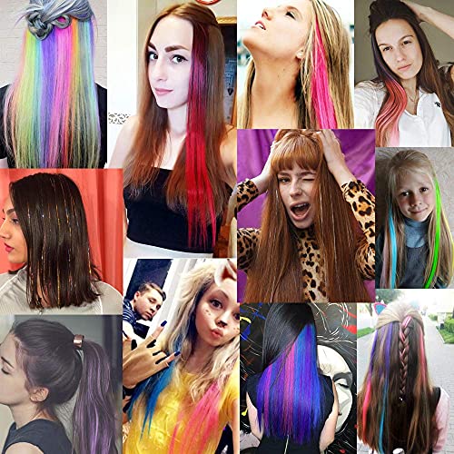 Kgbfass CFP-32PCS 32Packs Colored Hair Extensions 20Inch Straight Color Clip In On Hair Extension Rainbow Party Highlights Synthetic Hairpiece thumb #8