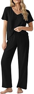 Ekouaer Womens Pajama Sets 2 Piece Lounge Set Soft Pajamas for Women Set Short Sleeve and Long Pants Pjs with Pockets