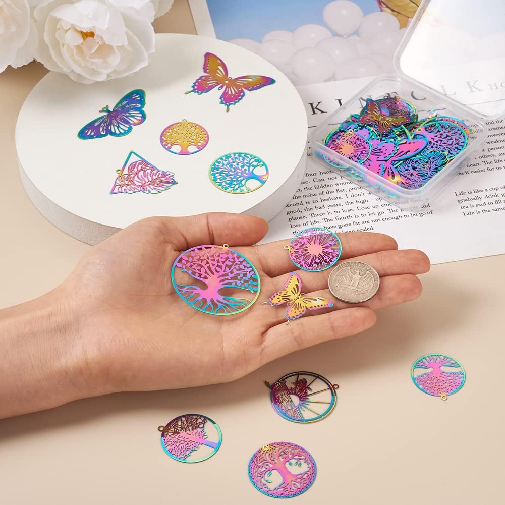 FASHEWELRY 48Pcs Rainbow Stainless Steel Butterfly Charms Filigree Tree of Life Earring Charms Metal Embellishments for DIY Jewelry Making : Industrial & Scientific