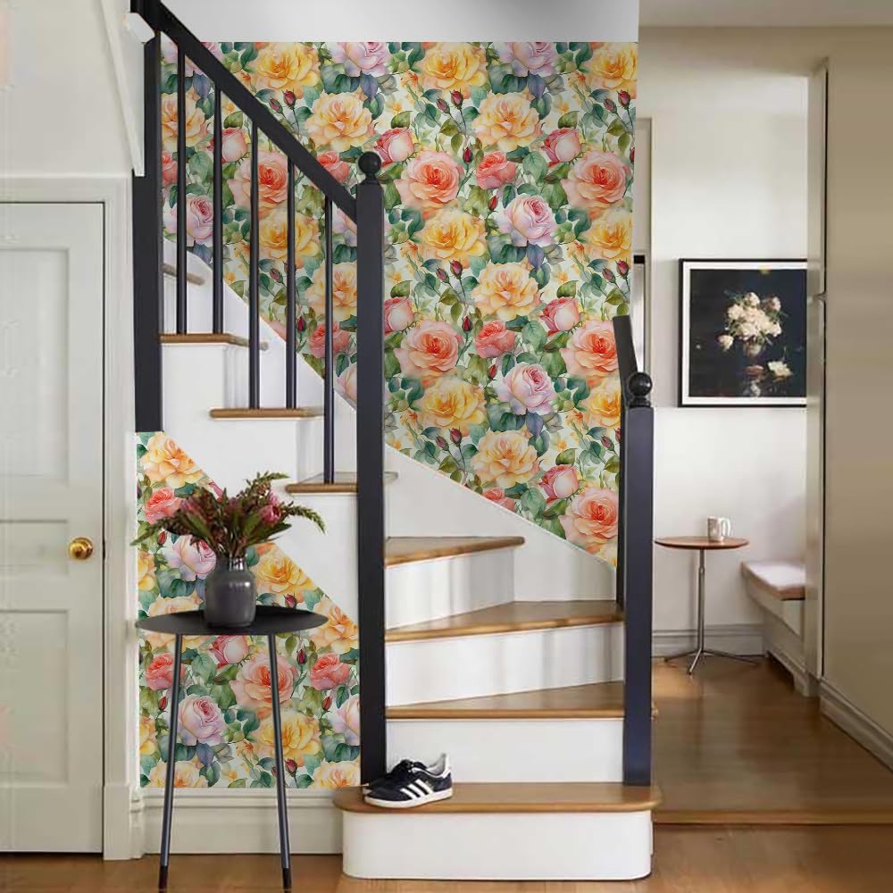 18"x236" Boho Watercolor Colorful Rose Floral Peel and Stick Self Adhesive Wallpaper Removable Contact Paper Stick on Easy Peel Off Wall Paper for Kitchen Bedroom Bathroom Renter