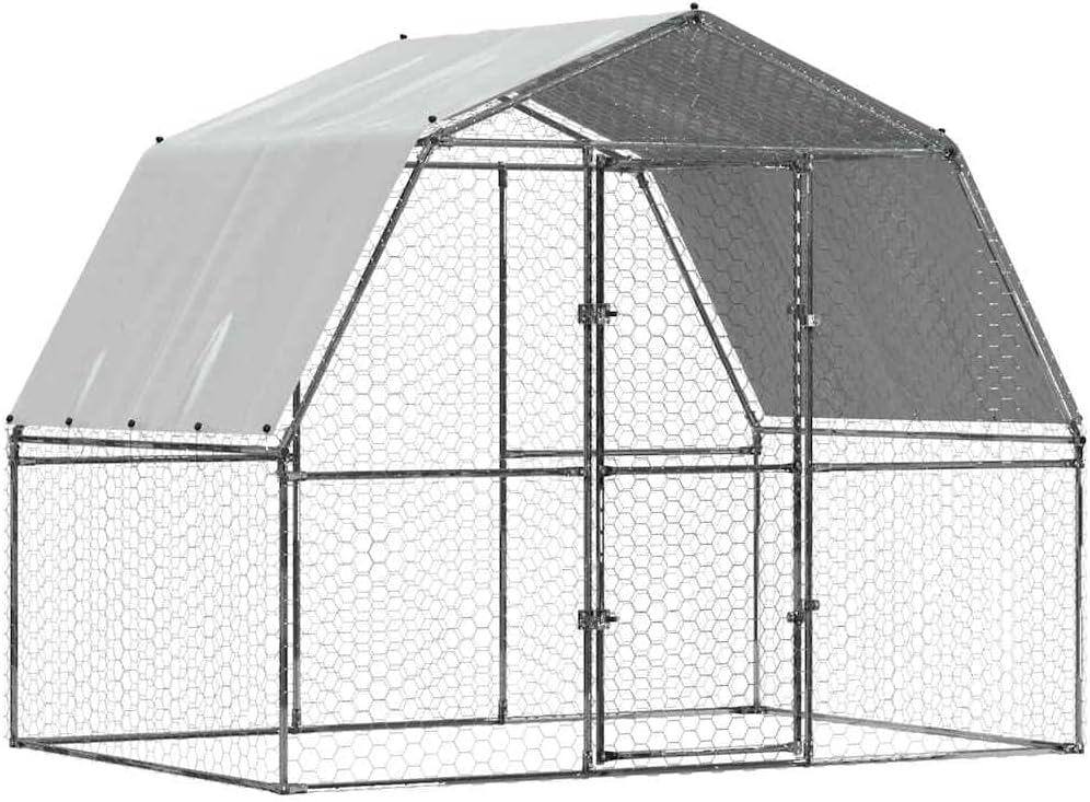 vidaXL Chicken Cage with Roof and Door, Large Chicken Coop, Walk in Chicken Cage for Outdoor Backyard, Hen Coop, Silver Galvanized Steel