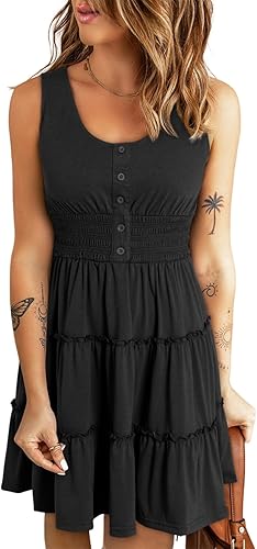 Dokotoo Womens Summer Dresses Sleeveless Button Down Smocked Elastic Waist