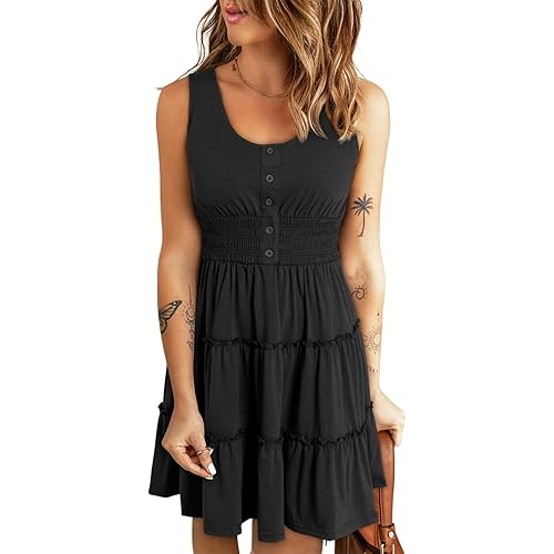Dokotoo Womens Summer Dresses 2024 Sleeveless Button Down Smocked Elastic Waist Ruffle Tiered Casual Swing Mini Dress