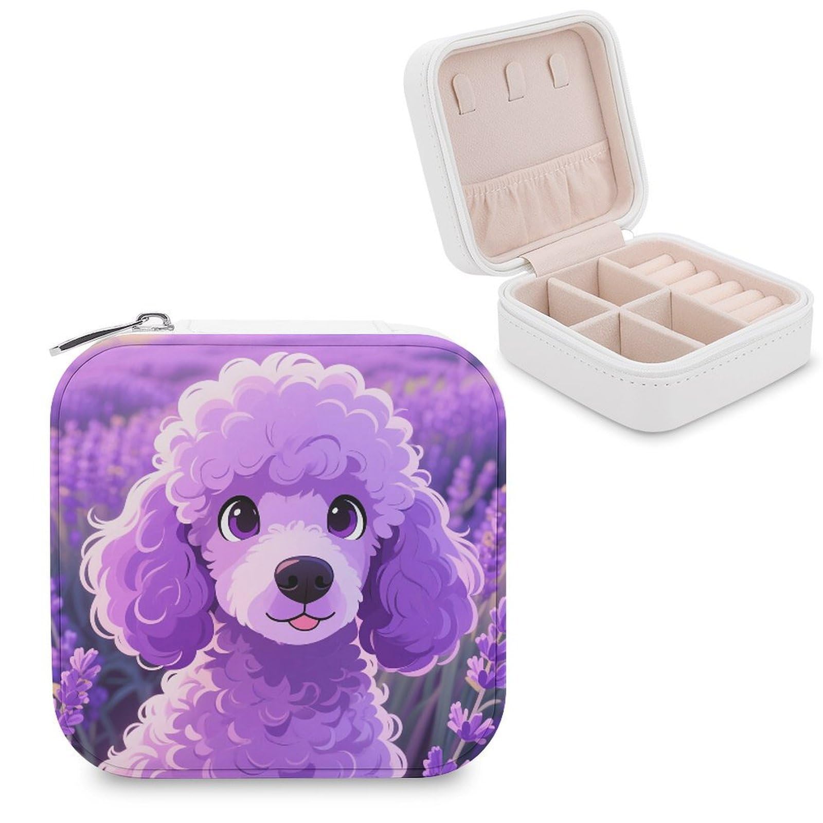VstaDank Poodle Jewelry Organizer Travel Case for Women With Zipper Mini Jewelry Case PU Leather Jewelrys Box for Rings Necklaces Bracelets Earring Holder Organizer Storage
