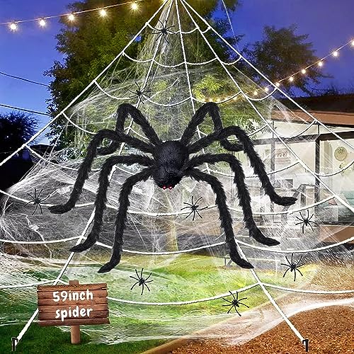 Decoración de Halloween 500 cm de telaraña gigante + 125 cm de araña + telarañas blancas + 20 mini arañas Halloween jardín decoración exterior araña gigante