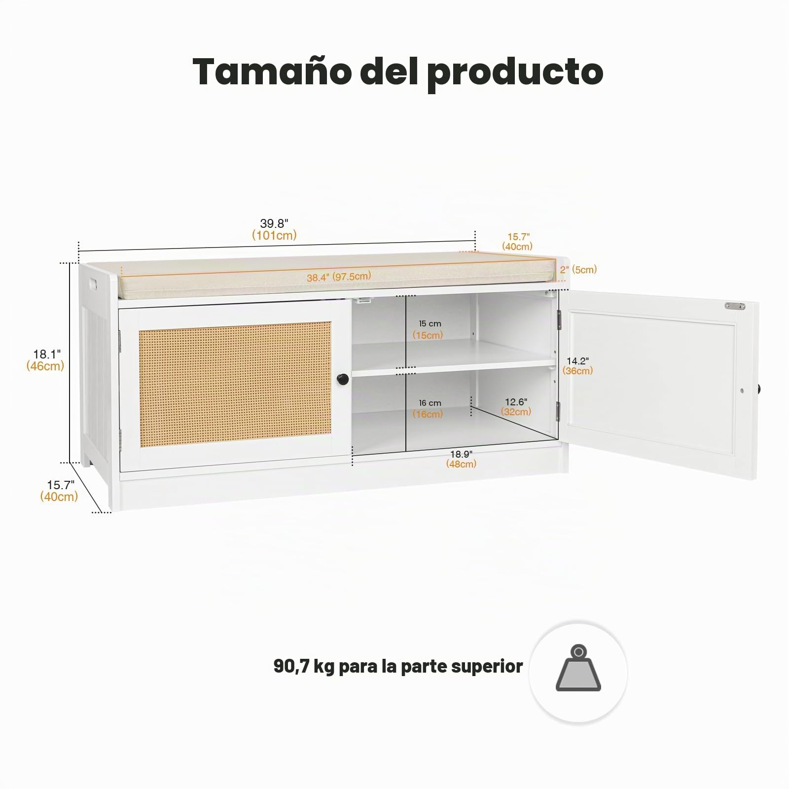 Zapatero con Banco, Zapatero con Asiento, 2 Puertas de Almacenamiento y Estantes Ajustables para 8-12 Pares de Zapatos para Pasillo Entrada, Blanco, 101x40x46cm