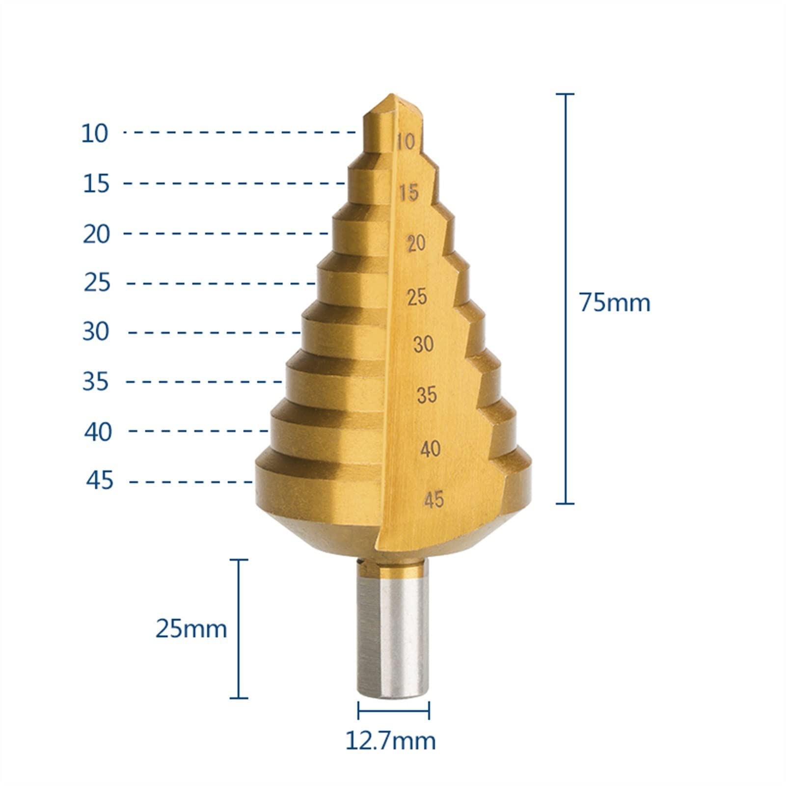 Wiertła tnące Wiertło stożkowe 10-45mm Wiertło do metalu HSS Chwyt trójkątny Wycinak otworów w metalu Narzędzie do wiercenia Wiertło stopniowe pokryte tytanem (Kolor: 1 szt. 10-45 mm) (1 szt. 10)
