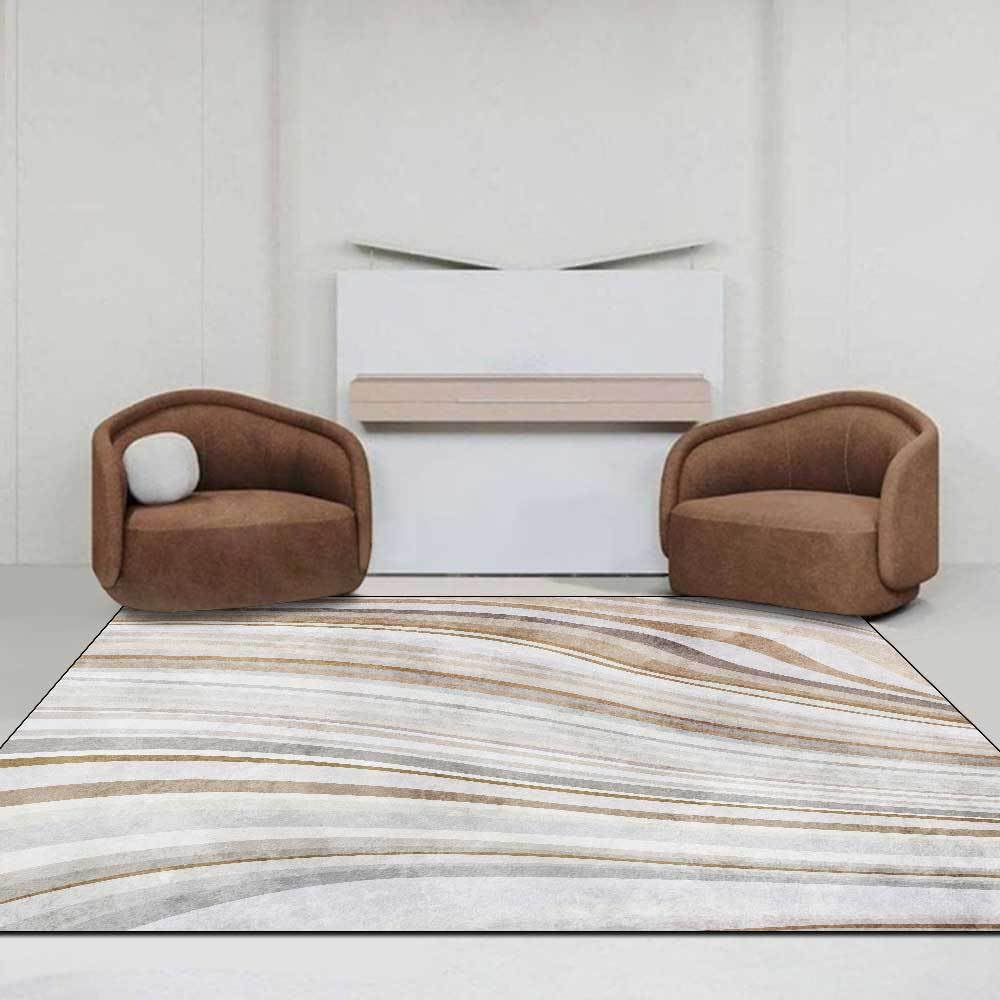 Tapis grand format beige pour réchauffer un salon moderne et lumineux