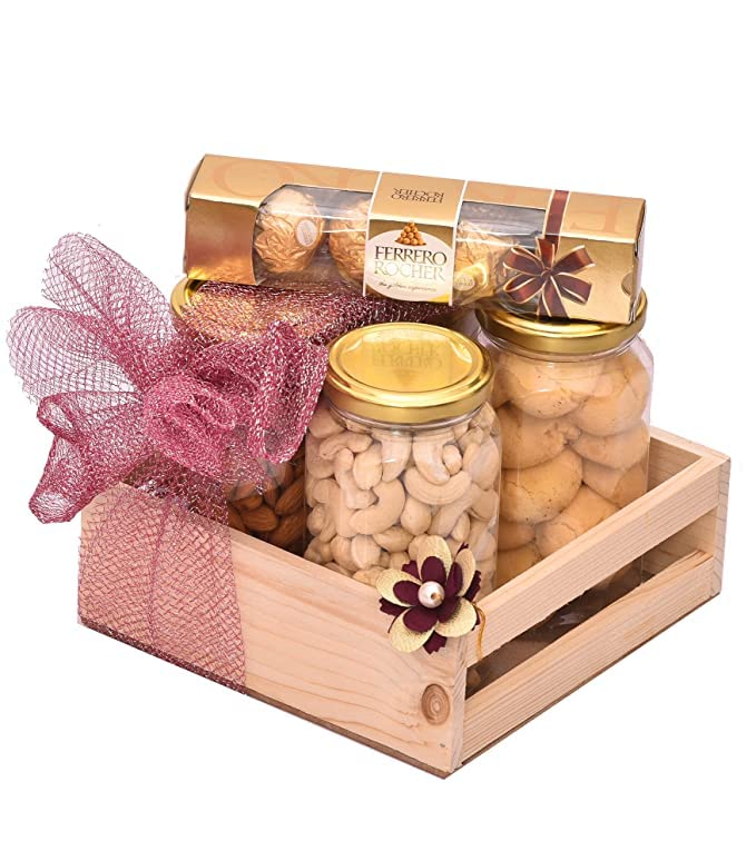 Image of NUTRI MIRACLE Rakhi Dry Fruit & Chocolate Gift Hamper I Ethnic Floral Bhai Bhabhi Pair I Kids Toy Rakhi I Pearl Dora I Tilak KitI Cookies,450gm