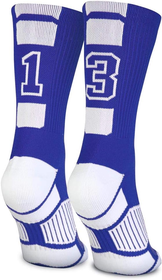 Calcetines con número de equipo personalizado ChalkTalkSPORTS - Azul atlético hasta media pantorrilla | Calcetines personalizados, rendimiento atlético que absorbe la humedad, plantilla acolchada, soporte para el arco, número de camiseta, jóvenes y adultos
