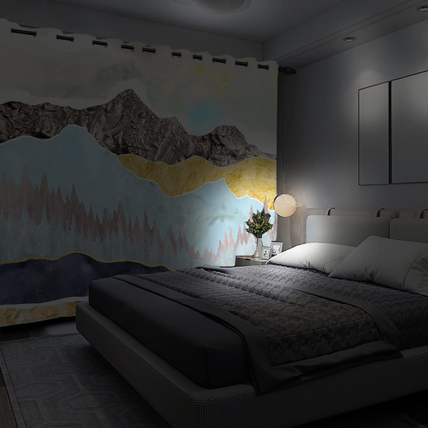 Yeele 26x96inches Mountain Forest Curtain Panels Watercolor Abstract Mountains Pine Tree Sun Boho Mid Century Window Drapes 2 Panels Set Blackout Thermal Insulated Grommet Window Curtains for Bedroom