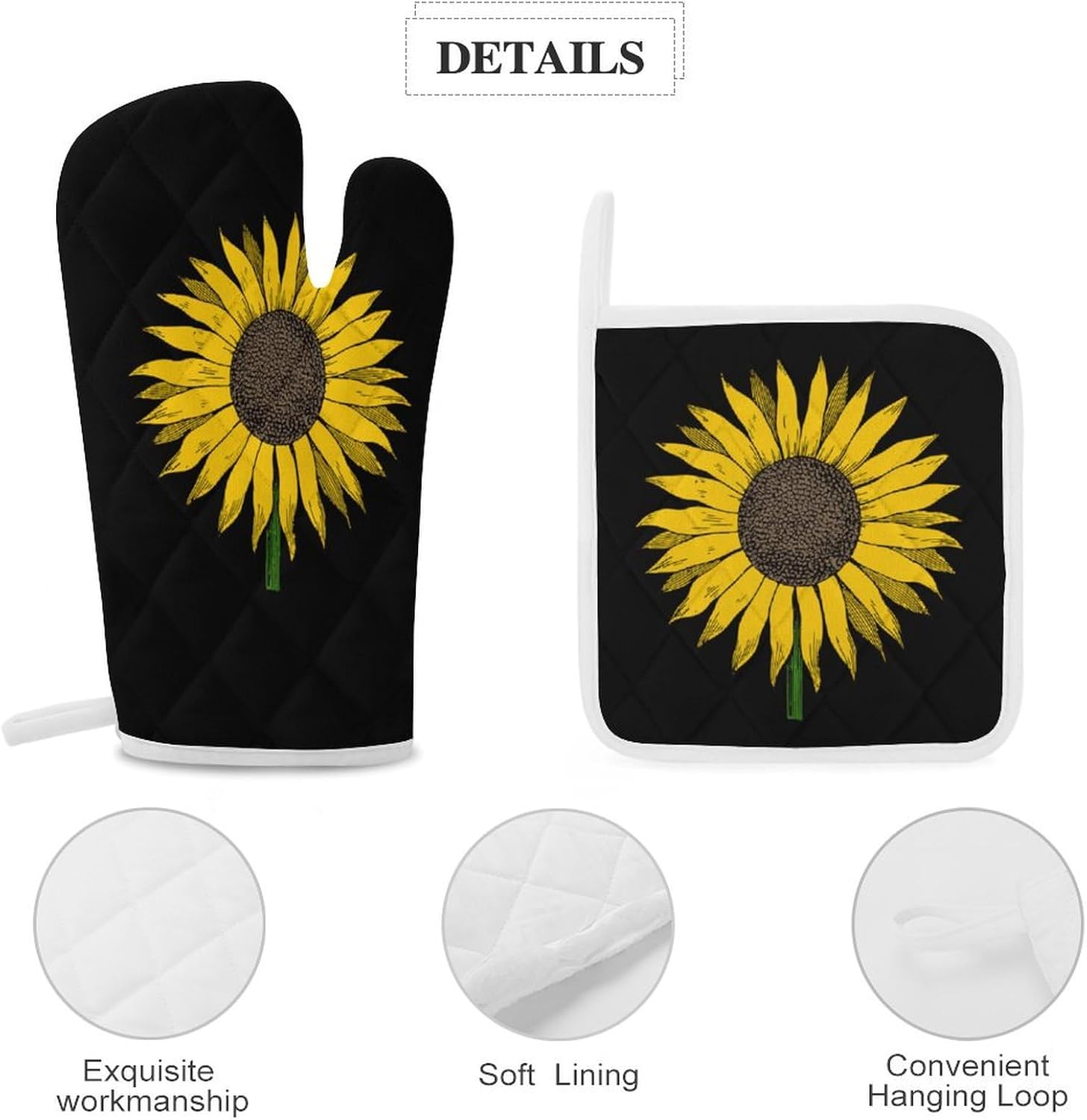 Yellow Sunflower Print Oven Mitts and Pot Holders 3 Piece Sets Heat Resistant Gloves Hot Pads Potholders for Kitchen Baking Cooking