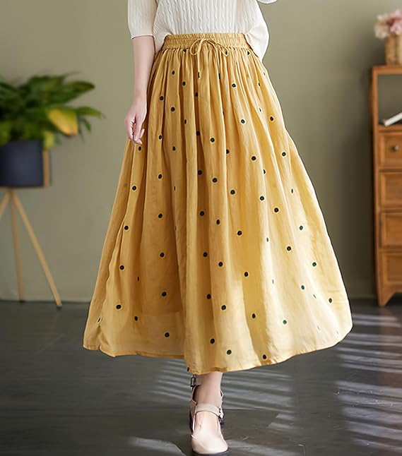 chouyatou Women's Elegant Polka Dot A-Line Skirt Boho Swing Pleated Cotton Midi Long Skirt
