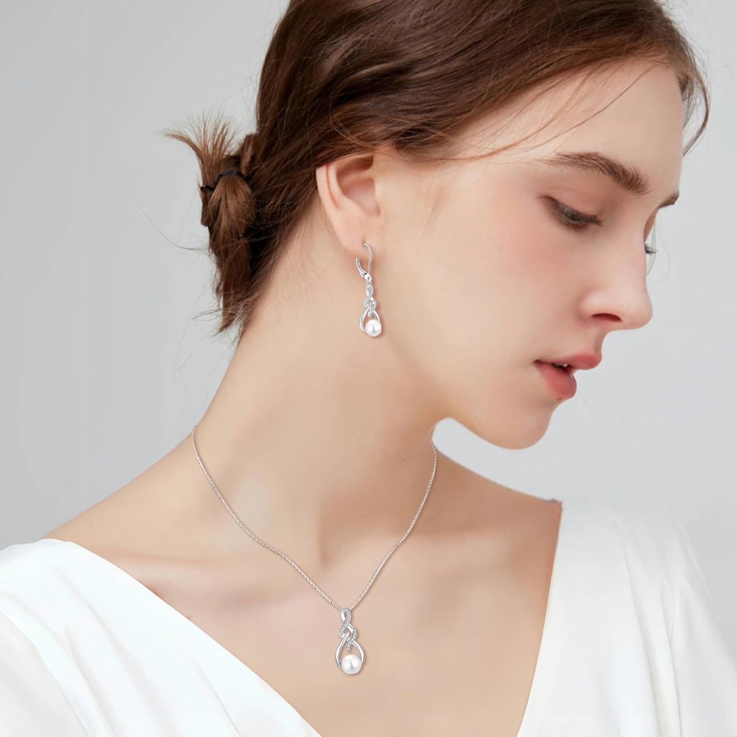 Infinity Pearl Dangle Drop Earrings for Women 925 Sterling Silver Leverback Earrings with 7MM Pearl Jewelry Gifts for Her - Image 3