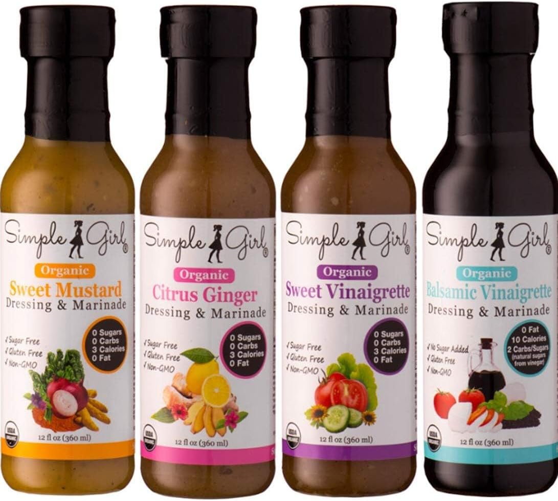Organic Salad Dressing Variety - Sweet Vinaigrette, Balsamic Vinaigrette, Sweet Mustard and Citrus Ginger - Sugar Free Dressings, Low/No Carb, Fat Free, Diabetic, Gluten Free, Vegan, Paleo