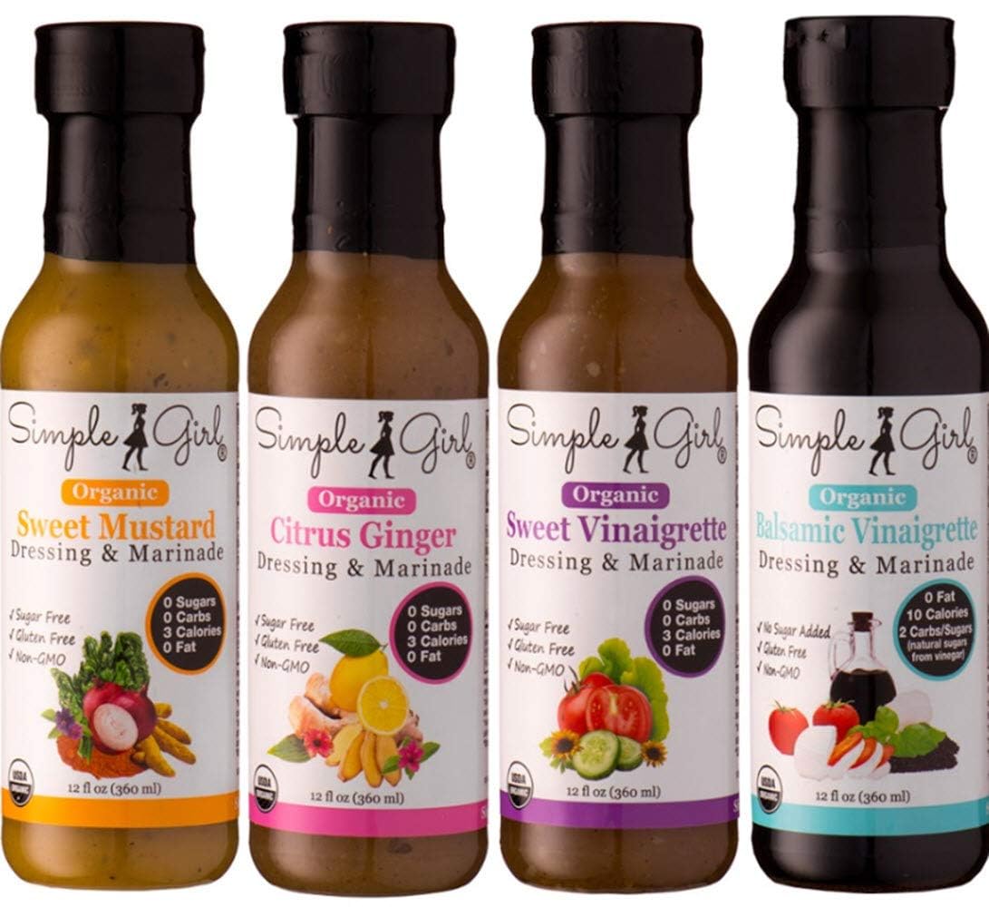 Simple Girl Organic Salad Dressing Variety - Sweet Vinaigrette, Balsamic Vinaigrette, Sweet Mustard and Citrus Ginger - Sugar Free Dressings, Low/No Carb, Fat Free, Diabetic, Gluten Free, Vegan, Paleo, and Keto Friendly - 4 Pack (12 Fl Ounce each)