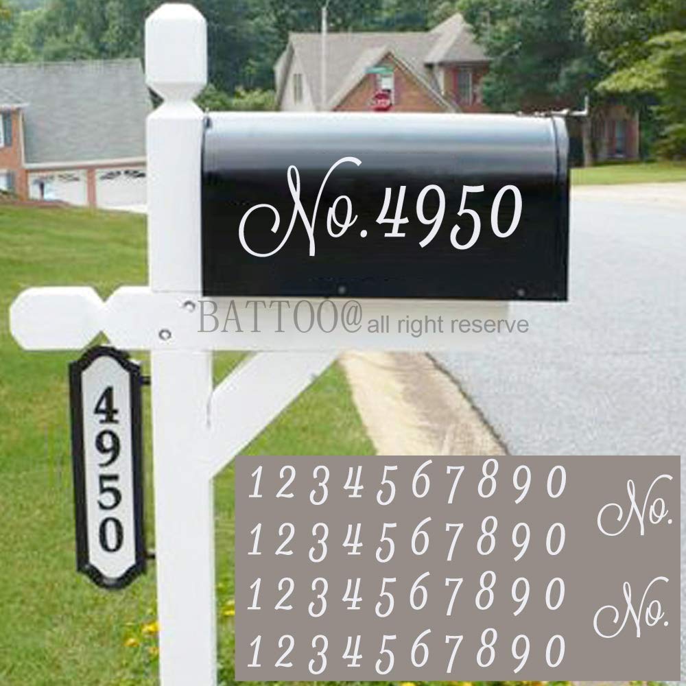 Mailbox Numbers Sticker Decal Die Cut Script White No. Self Adhesive 4 Sets Vinyl Number White for Mailbox, Signs, Window, Door, Cars, Trucks, Home,