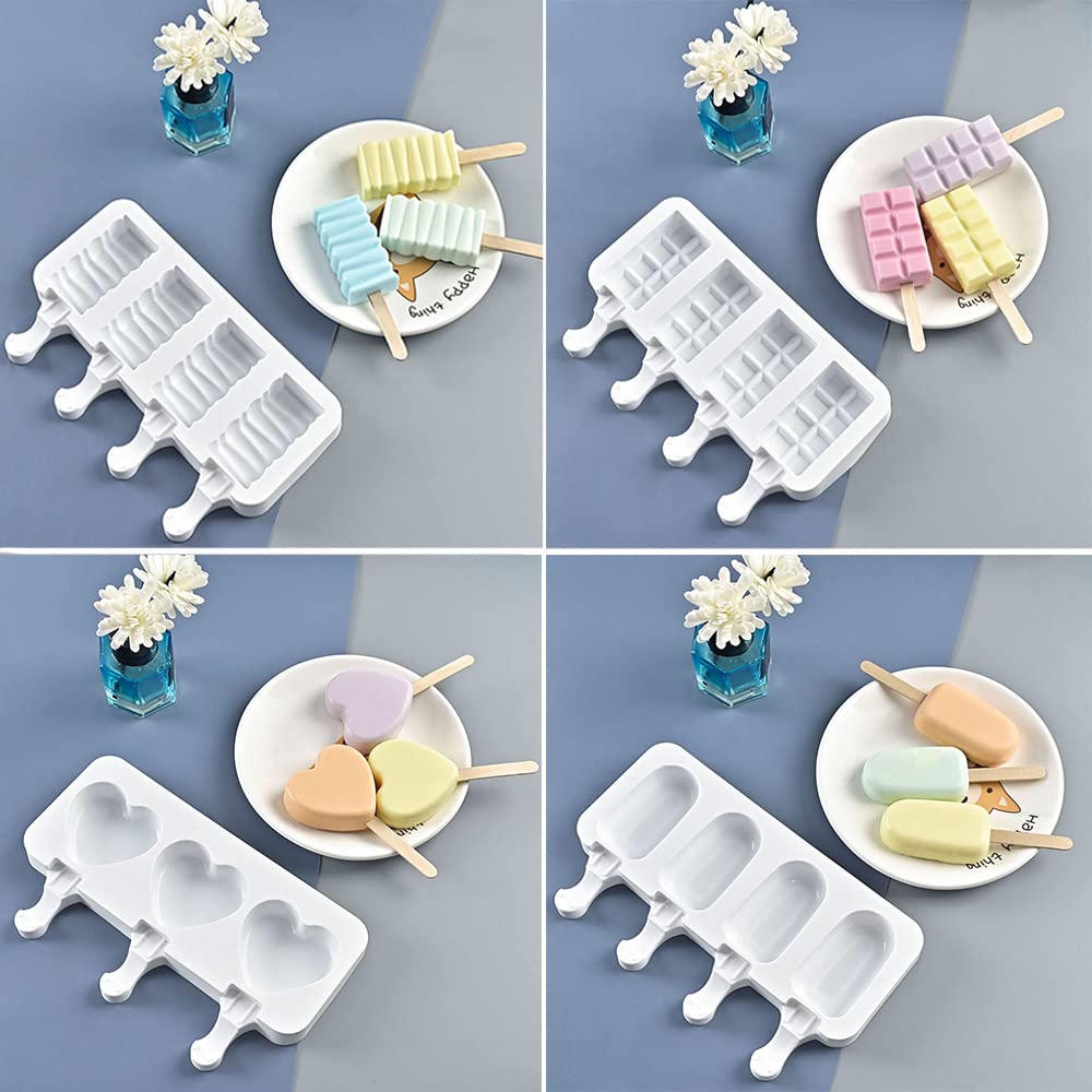 ELANE 4-teiliges Silikonformen-Set für Eis am Stiel, 25 Kuchen-Sticks und wiederverwendbare Eisstäbchen, selbstgemachte Eis, Kuchen, Süßigkeiten, für Familie, Zuhause, Festival, Geburtstag, Kinder.