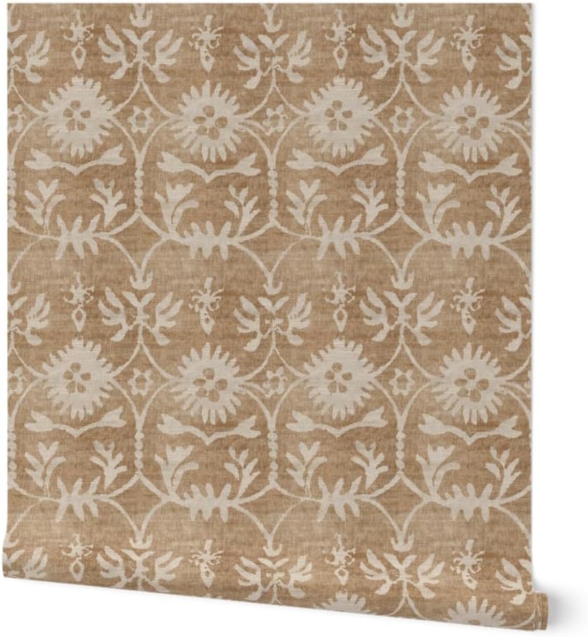 Peel & Stick Wallpaper 3ft x 2ft - Rustic Floral,Farmhouse,Grain Sack,Neutral Flowers,tan Taupe Khaki,Weathered Distressed,Vintage Custom Removable Wallpaper by Spoonflower