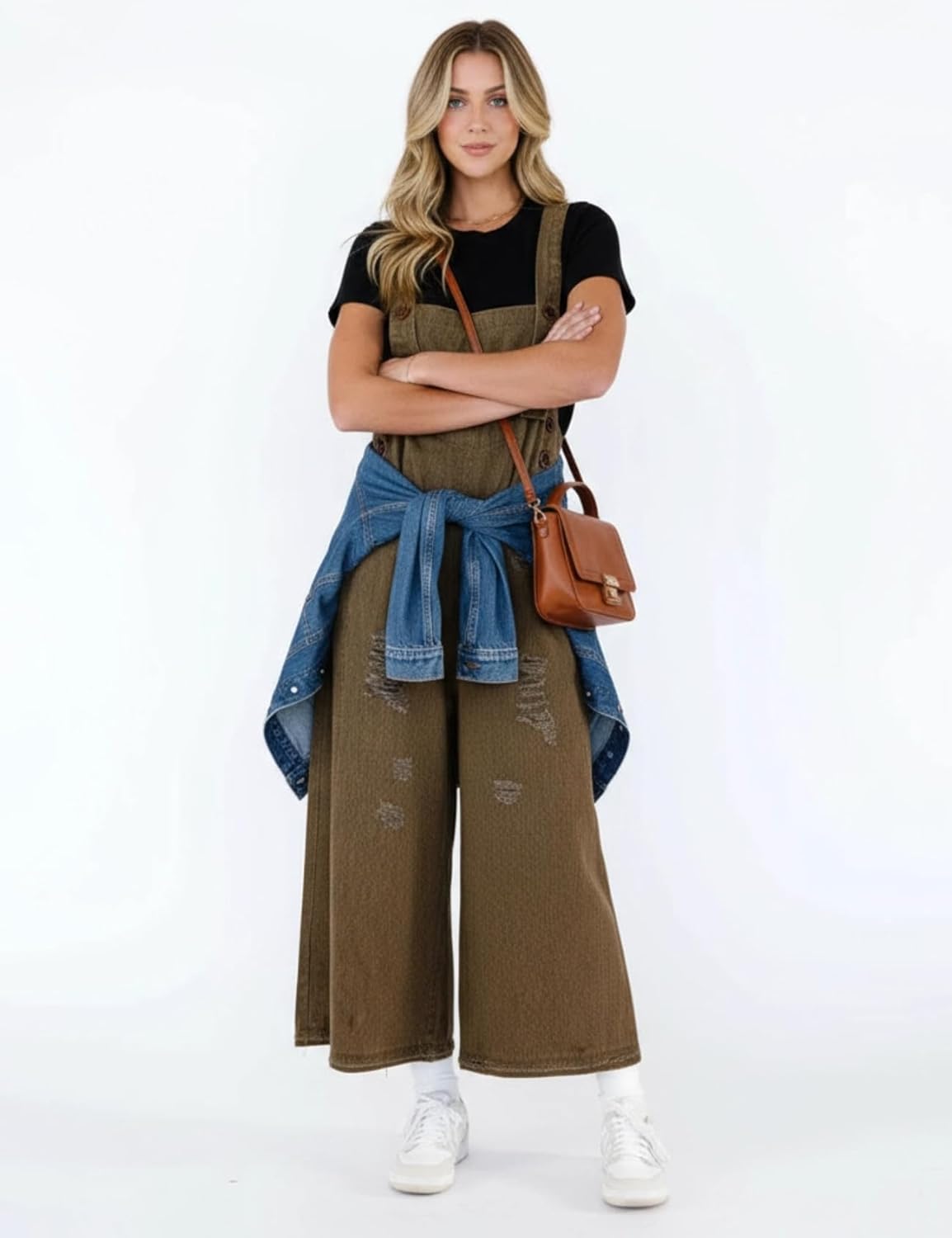 Gihuo Denim Overalls for Women Jean Bib Overalls Wide Leg Loose Fit Barrel Baggy Distressed Adjustable Straps - Image 3