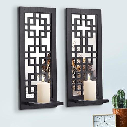 Juego de 2 candelabros de pared con espejo, portavelas decorativo de madera, candelabro rústico, decoración de pared de sala de estar negra