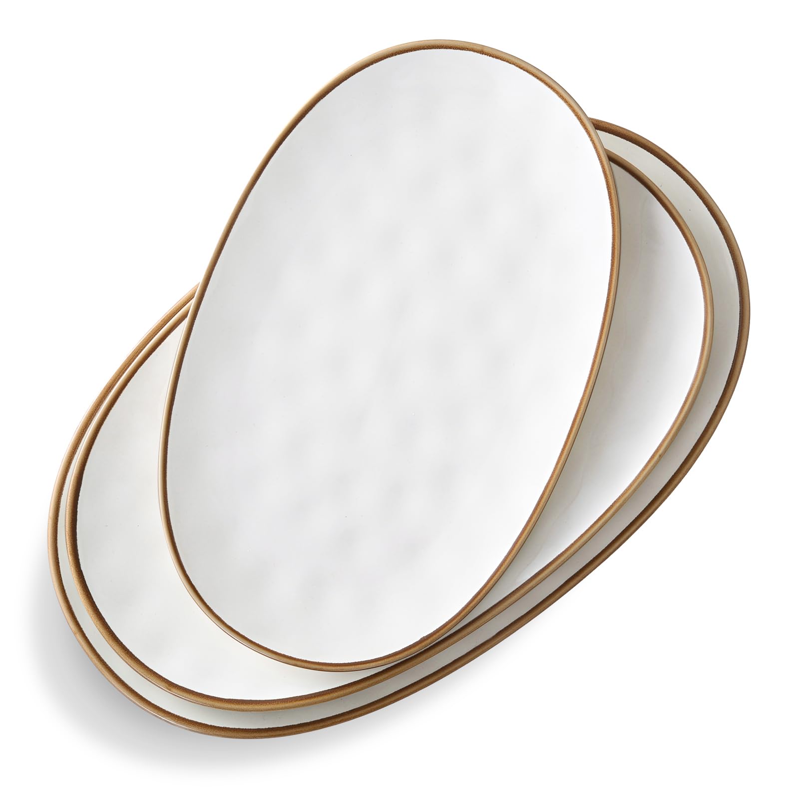 CULIVORA Ceramic Oval Serving Platter with Brown Rim: 15.6/14.3/12.9 Inch Large Serving Dishes for Entertaining Party, Turkey, Steak, Ham, Microwave Dishwasher Safe