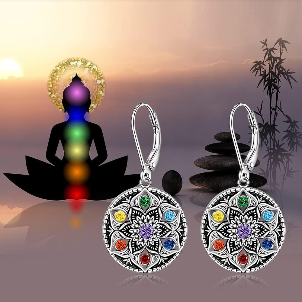Mandala Chakra Earrings S925 Sterling Silver Yoga Lotus Flower Dangle Drop Earrings for Women Flower of Life Protection 7 Chakras Jewelry Gift