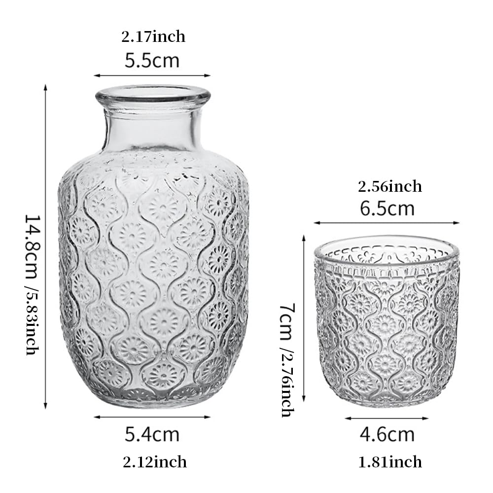 Juego de jarra de agua y vaso vintage para mesita de noche, jarra de vidrio de 18.5 onzas y taza de 5 onzas, juego de jarra de agua nocturna con vaso, jarra de agua de vidrio transparente con tapa