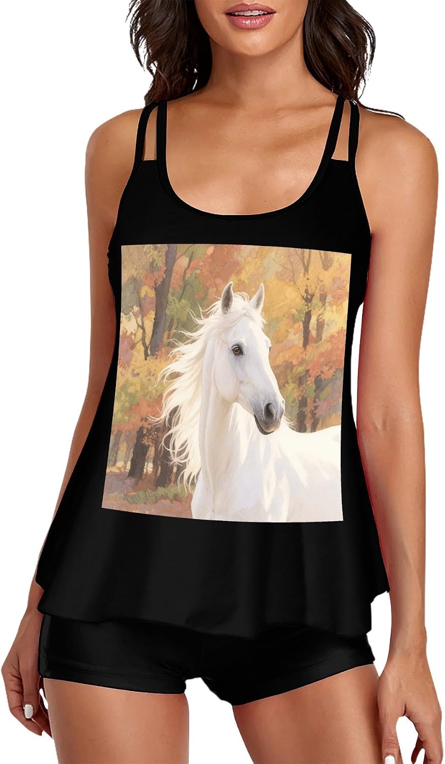 Watercolor White Horse Tankini Swimsuits for Women Tummy Control Two Piece Bathing Suits Swim Tops with Boy Shorts