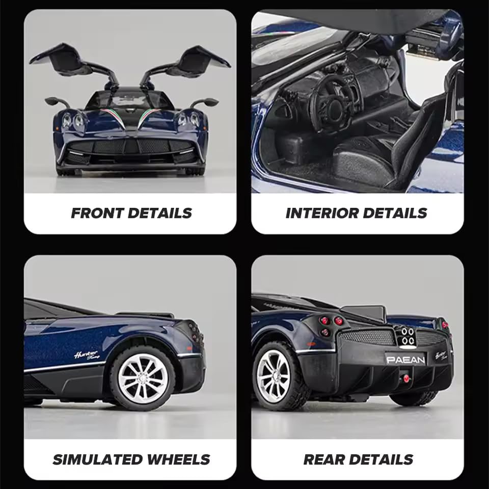 Image of Pagani Huayra Diecast Model Car Toy, 1:32 Scale, Pull-Back Function with Openable Doors, Lights and Sound Supercar for Kids & Enthusiasts, Gift for Boys (Navy Blue)