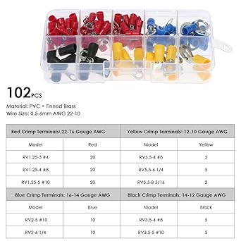 Ubersweet Imported Electrical Crimp Terminals 102PCS Assorted Insulated Terminals 10 Kinds Copper Crimp Electrical Wire Cable Connector Kit Cord Ring End Set_165178