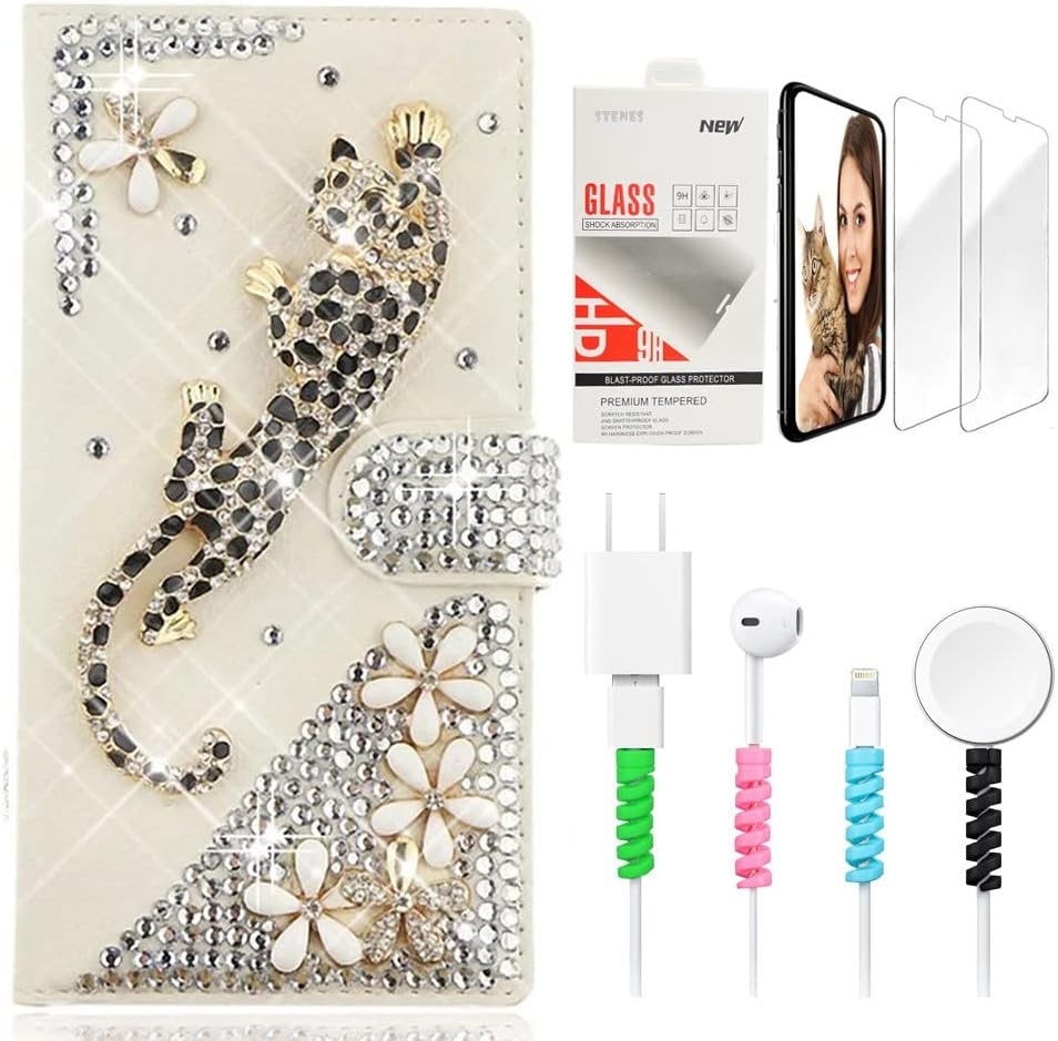 STENES Bling Wallet Phone Case Compatible with OnePlus Nord N10 5G Case - Stylish - 3D Handmade Leopard Flowers Design Leather Cover with Screen Protector & Cable Protector - Gold