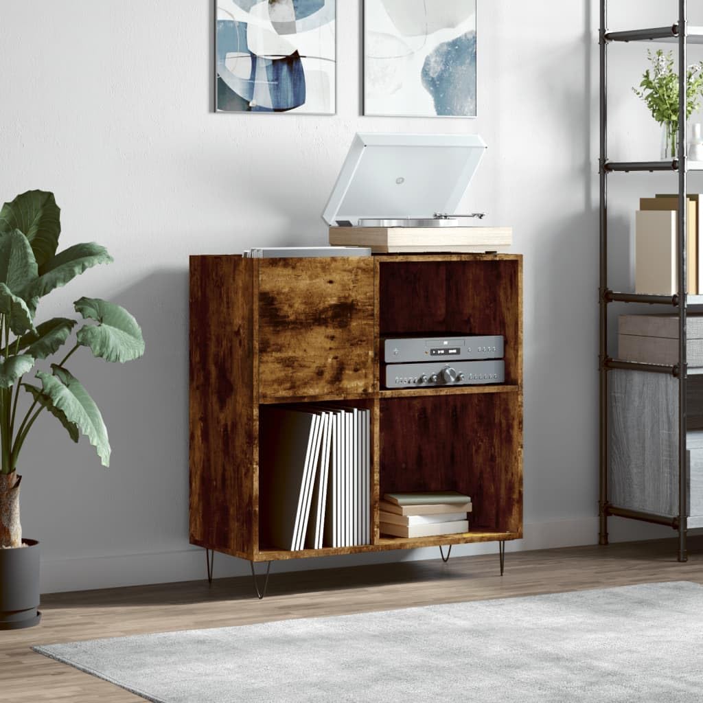 Armadio per dischi in rovere affumicato, scaffale per dischi in vinile, con gambe in metallo, stile retrò, 84,5 x 38 x 89 cm