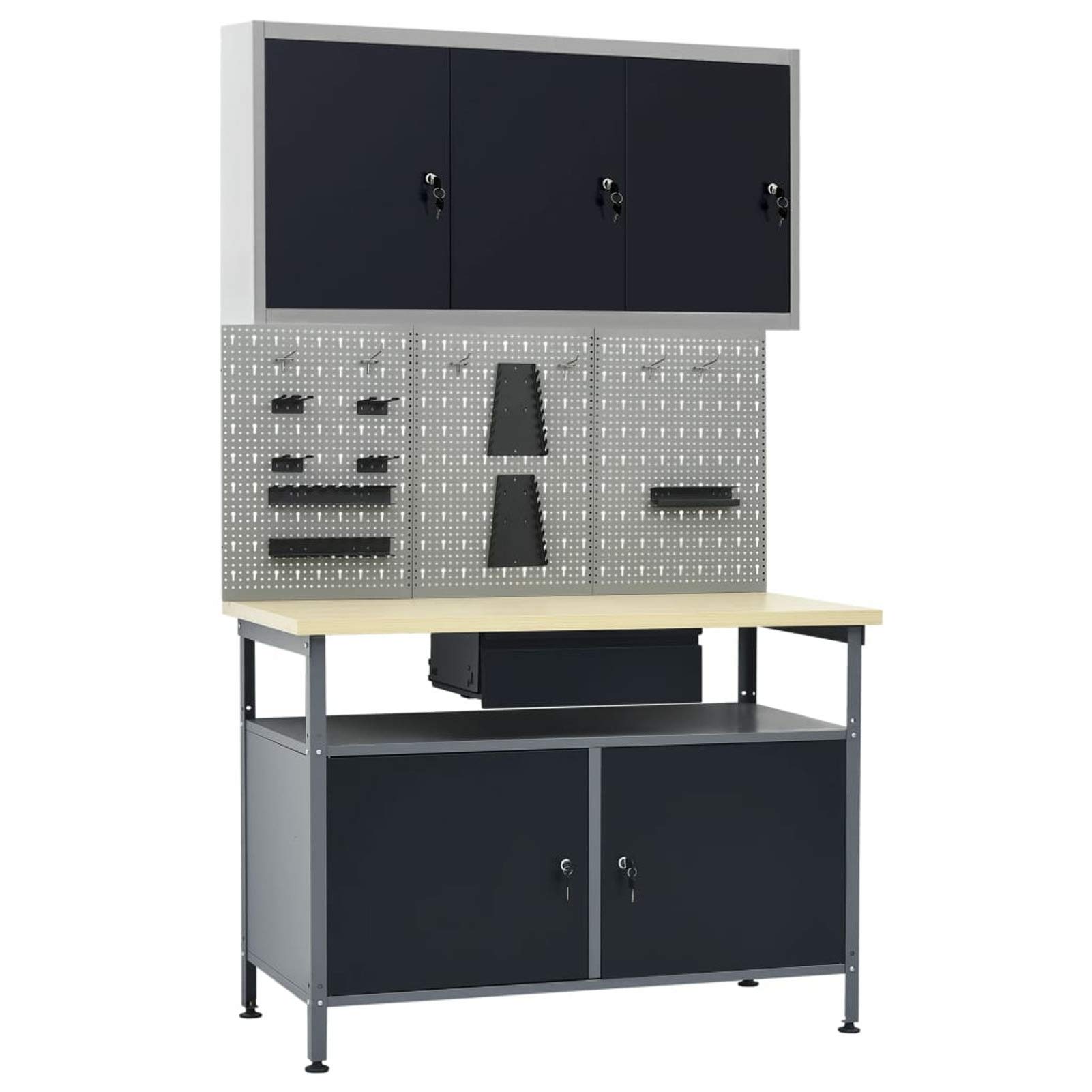 Banco de trabaño con Tres Paneles de Pared y un Armario, Banco De Trabajo, Mesa De Trabajo, Mesa Trabajo Taller, Banco Herramientas,