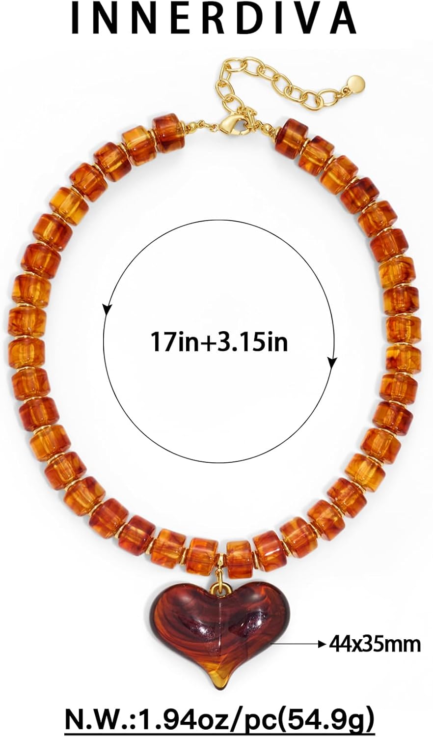 Chunky Beaded Heart Pendant Necklace for Women, Brown Resin Heart Pendant Necklace with Acrylic Beads Chain Jewelry - Image 7