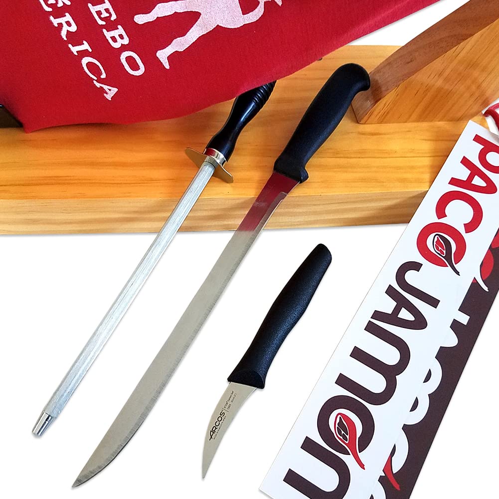 Paleta Ibérica de Cebo Montaraz Edición Limitada, 100% Raza Ibérica, 9-10 libras + Jamonero Modelo Góndola + Cuchillo Jamonero Flexible + Chaira + DVD Guía