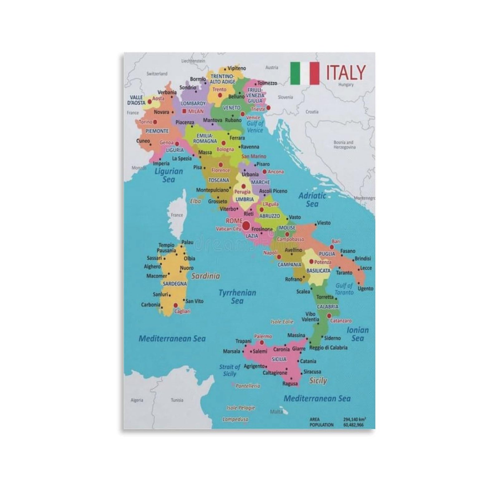 STEMFORMERS Map of Italy with Major Cities And Regions Canvas Poster Wall Art Decor Print Picture Paintings for Living Room Bedroom Decoration