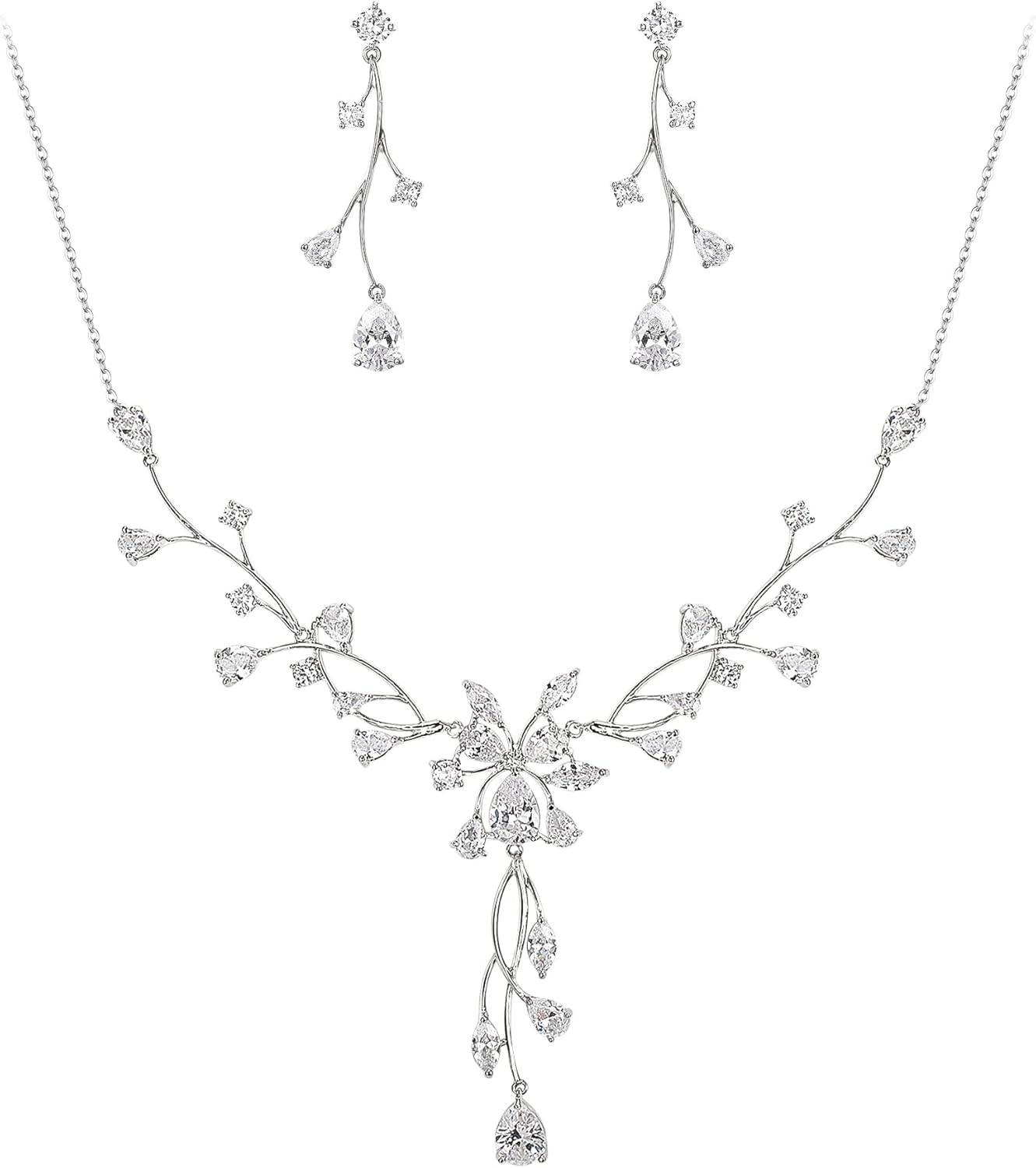 Crysdue Women's Wedding Bridal Jewelry Set for Brides Bridesmaids Cubic Zirconia Flower Leaf Vine Necklace Dangle Earrings for Prom Party