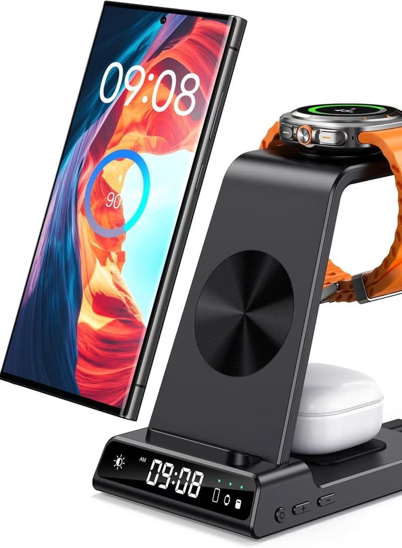 3-in-1 Wireless Charging Station with Digital Clock, Multi-Device compatible Charger for Phone, Watch and Earbuds