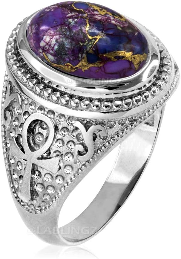 LA BLINGZ 10K White Gold Egyptian Ankh Cross Purple Copper Turquoise Ring