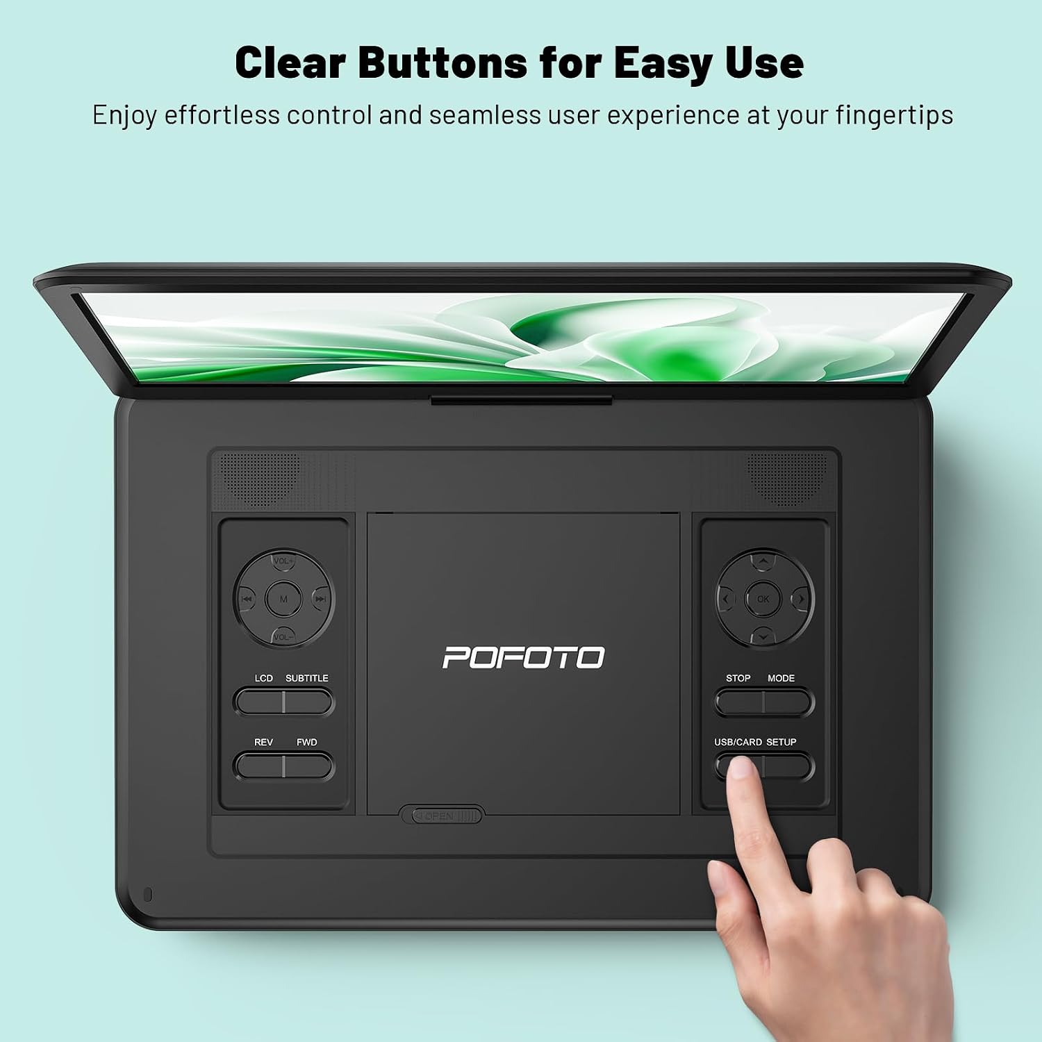 من أعلى إلى أسفل view of the POFOTO portable DVD player showing its control buttons.