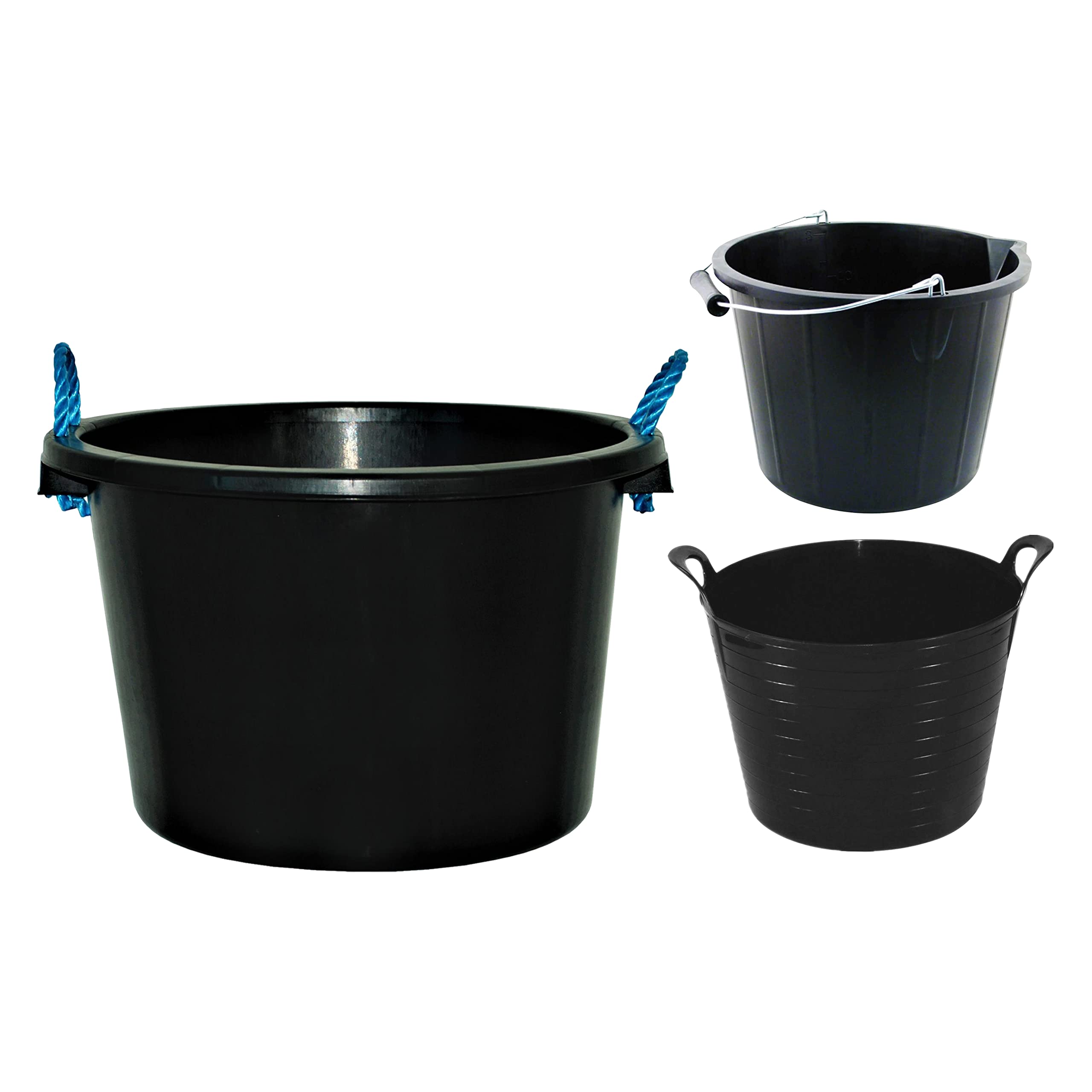TENLITE [Set of 3] 45L Heavy Duty Plaster Mixing Cement Muck Water Tub/Bucket, 3 Gallon Strong Plastic Builders Storage Bucket, And 26L Garden Storage Container Bucket Polyethylene Flexi Tub - Black