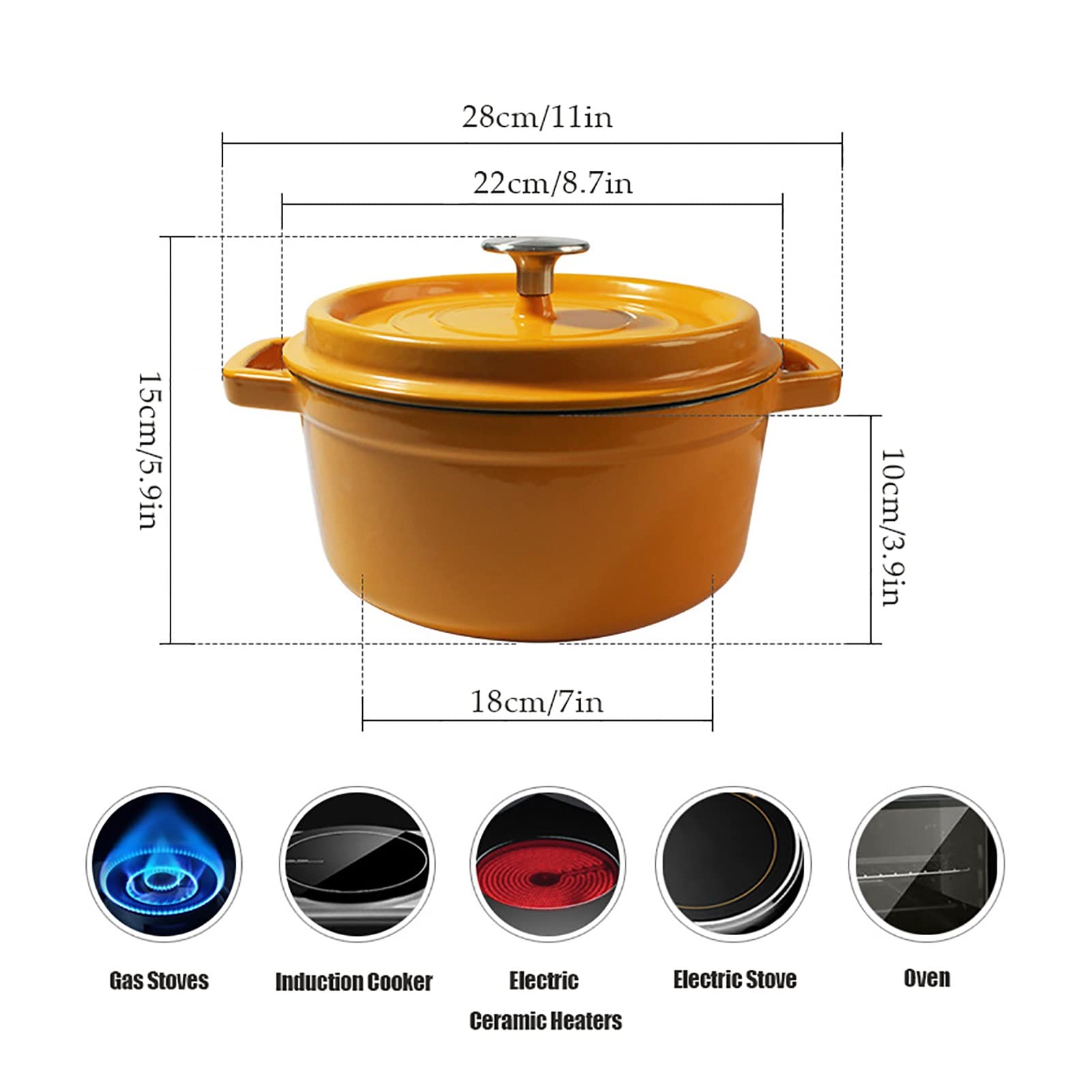 Holenderski Piekarnik Z Pokrywką Nieprzywierające Emalią Dutch Oven Gotowanie Ryżu Podwójne Uchwyty żeliwny Kociołek Holenderski Do Gazowych Indukcyjnych(Yellow)