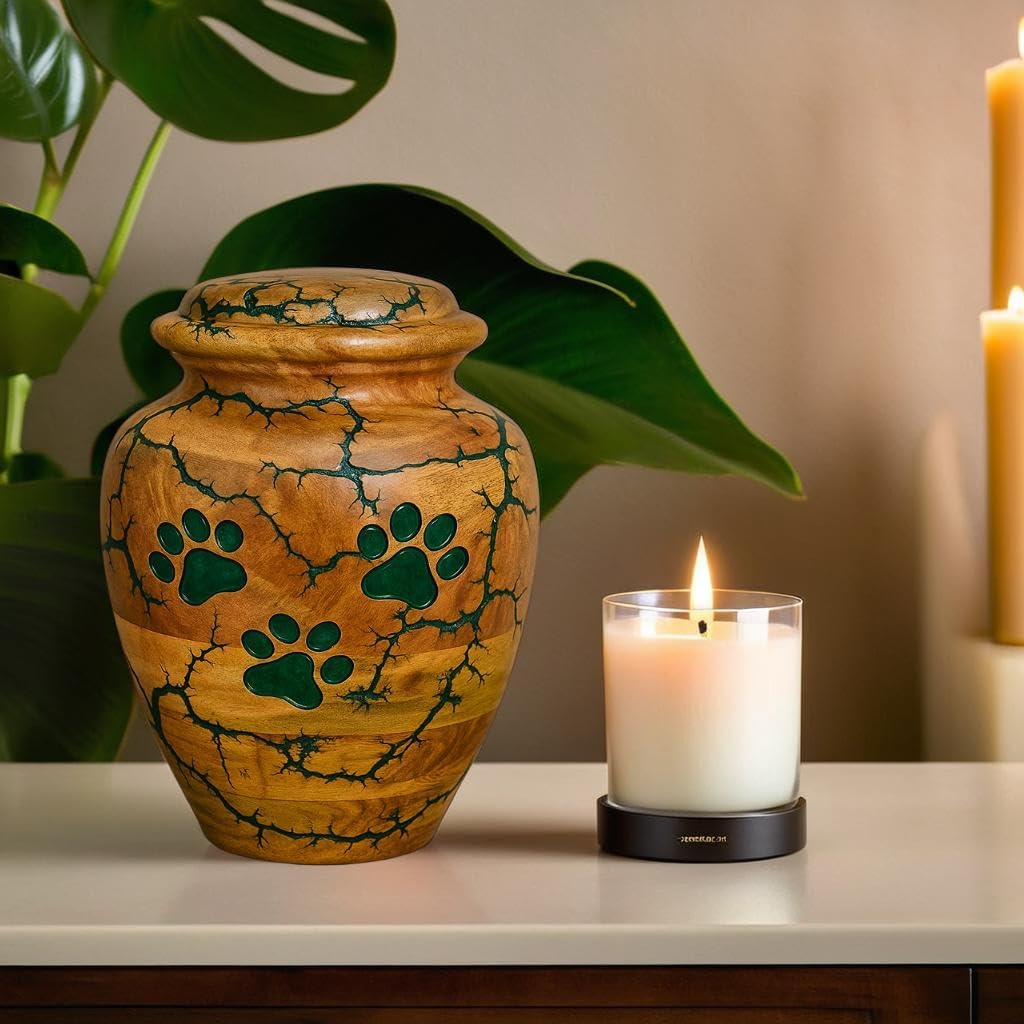 Wooden Pet Urn for Ashes – Wooden Cremation Urn with Color Inlay Paw Print & Fractal Burning Design – Memorial Keepsake for Dogs & Cats (Green, XS (5x4x4 inches)(20Cu/in))