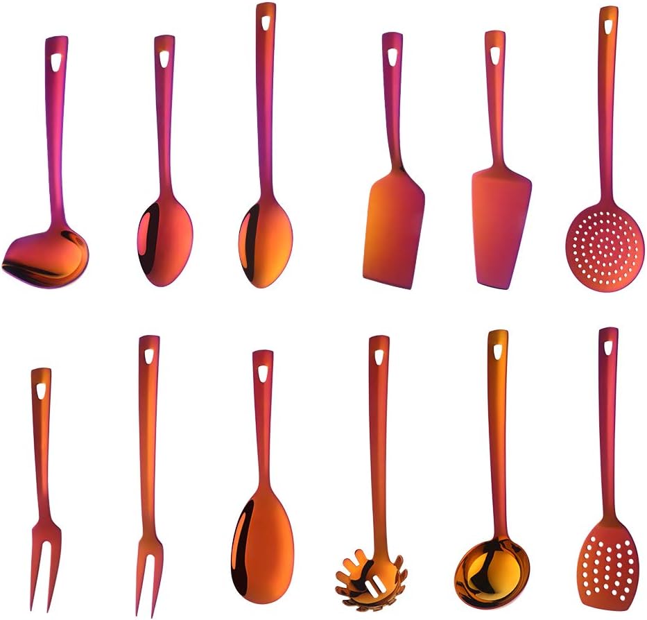 12 Pcs Cooking Utensil Set, Stainless Steel Orange Titanium Plated Cookware Sets with Public Fork/Spoon, Cake Shovels, Spatula, Ladles, Solid Spoon, Slotted Spoon, Pasta Server, Kitchen Tool Gadget